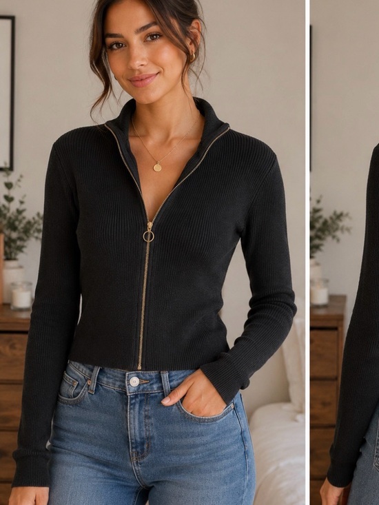 Zara Sweaters - Zara Black Ribbed Zip-Front Sweater